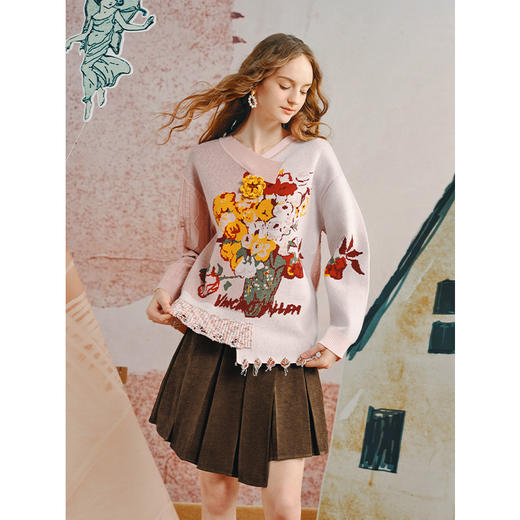 两三事梵高文艺垂芒溯夜2025秋季新款不对称木耳边下摆花色毛衣女 商品图1