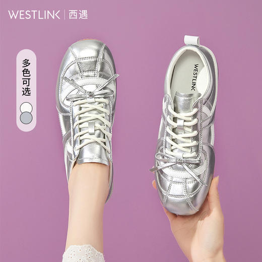 西遇芭蕾德训鞋女新款秋季蝴蝶结内增高小白鞋银色平底运动鞋V1657013/V1656962 商品图0