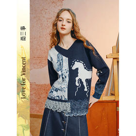 两三事梵高文艺垂芒溯夜2025秋季新款不对称木耳边下摆花色毛衣女