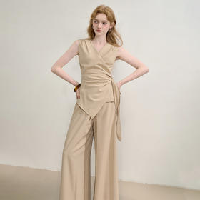 西遇老钱风通勤套装秋季气质V领无袖背心搭阔腿裤两件套V2451102