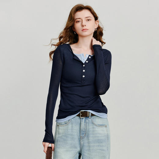 初语轻薄软糯长袖T恤女撞色假两件时髦叠穿打底衫上衣 商品图1