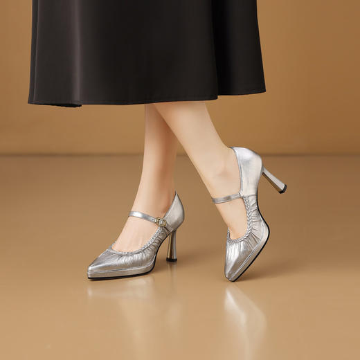 【预售5天】真皮一字带防水台高跟鞋，褶皱编织百搭浅口细跟单鞋HY&H3714 商品图3