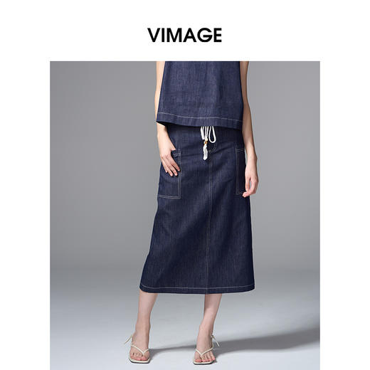VIMAGE纬漫纪复古高腰可拆腰绳侧面大口袋设计牛仔半裙V2406102 商品图5