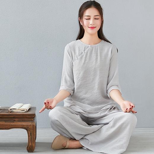 LZY9051夏新款中式复古棉麻休闲宽松禅修服气质打坐茶服太极服瑜伽服套装 商品图1