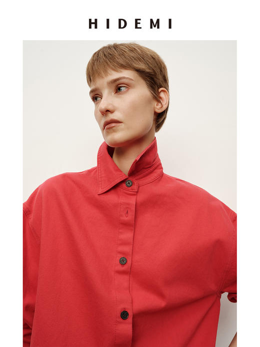 HIDEMI 极简设计感高密水洗牛仔大廓形纽扣式衬衫 马斯正红/水洗复古蓝 商品图6
