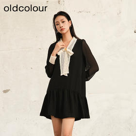 oldcolour夏季新款黑色高级设计感拼接宽松长袖连衣裙女P321008A1