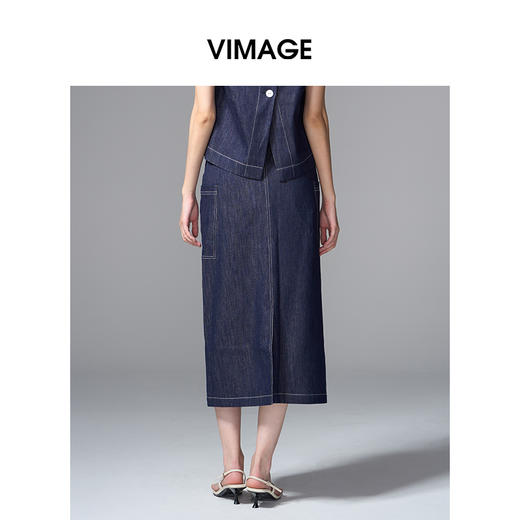 VIMAGE纬漫纪复古高腰可拆腰绳侧面大口袋设计牛仔半裙V2406102 商品图4