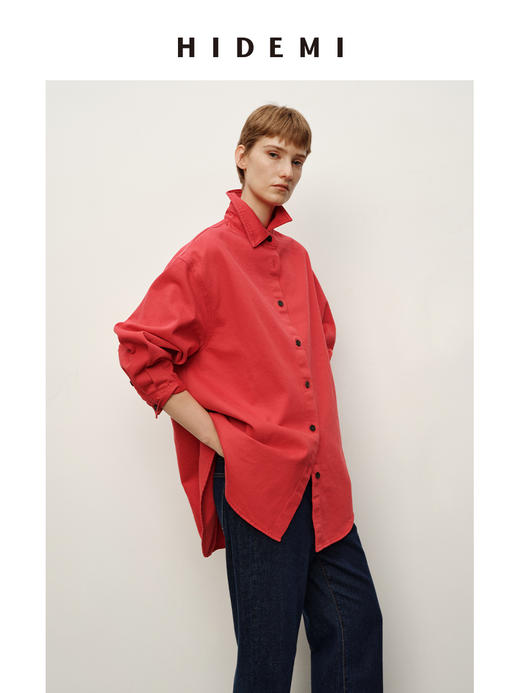 HIDEMI 极简设计感高密水洗牛仔大廓形纽扣式衬衫 马斯正红/水洗复古蓝 商品图5
