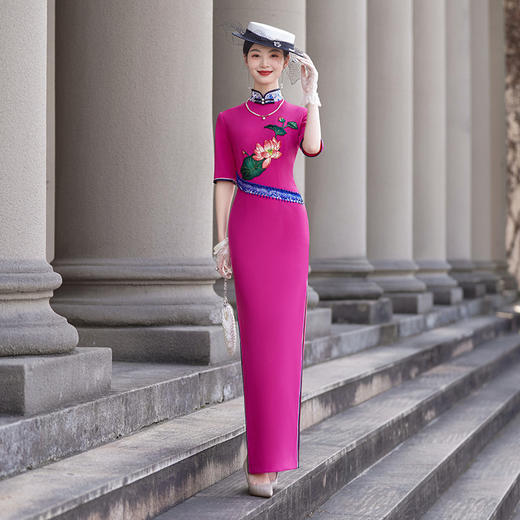 长款走秀旗袍2025夏季新款演出旗袍连衣裙年轻款复古修身气质旗袍 商品图3