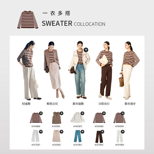 【商场同款】CNK5869 “轻薄醋纤条纹针织” 软糯舒适咖色条纹宽松毛衫 商品图11
