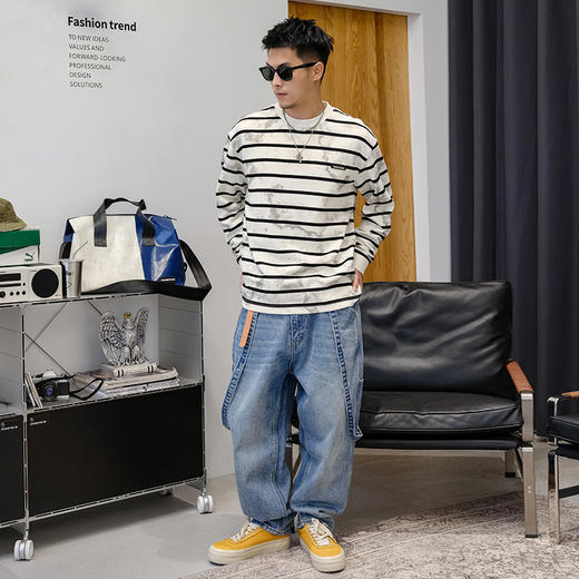 徐太浪美式做旧擦色条纹卫衣男2025新款秋季设计感套头打底衫上衣 商品图2