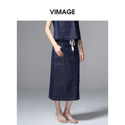 VIMAGE纬漫纪复古高腰可拆腰绳侧面大口袋设计牛仔半裙V2406102 商品图3