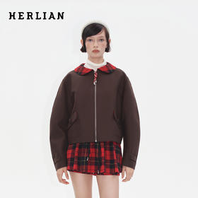 HERLIAN2025年秋季新品女士绵羊毛格纹拼接娃娃领设计廓形外套