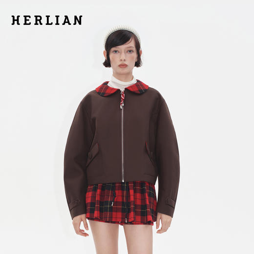 HERLIAN2025年秋季新品女士绵羊毛格纹拼接娃娃领设计廓形外套 商品图0