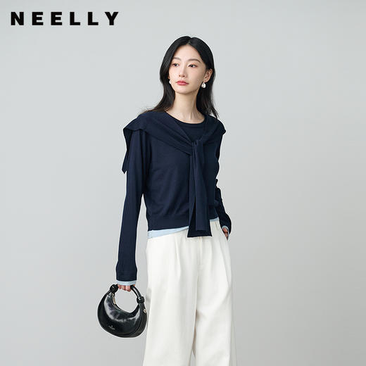 NEELLY纳俪商场同款秋季新款披肩软糯设计感针织衫女舒适百搭上衣N25084A05508 商品图0