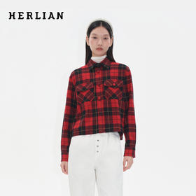 HERLIAN2025年秋季新品女士黑红格纹设计衬衫外套