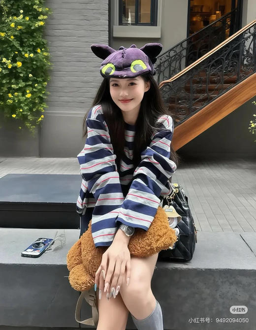 早秋Miu复古色织条纹长袖T恤0806 商品图0