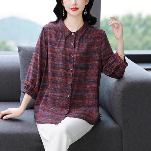 大码女装棉麻衬衫夏季妈妈装Polo领复古条纹亚麻衬衣高端苎麻上衣 商品图0