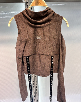 P&X设计师女装秋季新款针织短款T恤设计感露肩上衣824302192 咖色