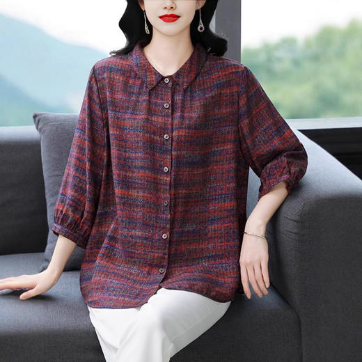 大码女装棉麻衬衫夏季妈妈装Polo领复古条纹亚麻衬衣高端苎麻上衣 商品图3
