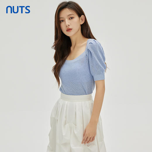 NUTS商场同款秋季蓝色小清新气质方领百搭针织套头衫女332052142 商品图0