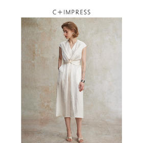 醋酸皱别致扭结短袖收腰V领优雅法式连衣裙LYQ2502103