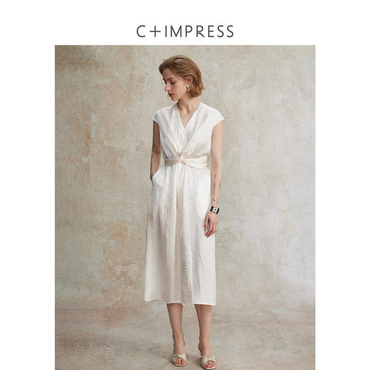 醋酸皱别致扭结短袖收腰V领优雅法式连衣裙LYQ2502103 商品图0