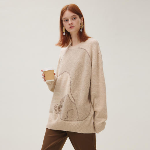 谜底圆领套头针织衫女2025秋季新品原创松鼠纹提花毛衣253MZ1327 商品图1