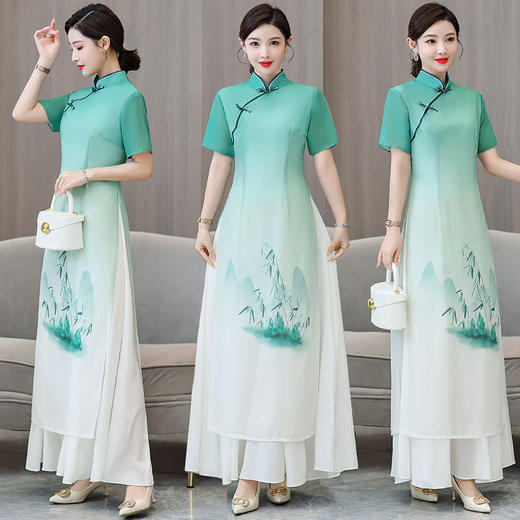 THA533浅绿素雅改良奥黛旗袍2025改良高端气质连衣裙茶服飘逸走秀演出服 商品图2