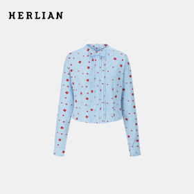HERLIAN2025年秋季新品女士可拆卸蝴蝶结设计花朵刺绣格纹衬衫