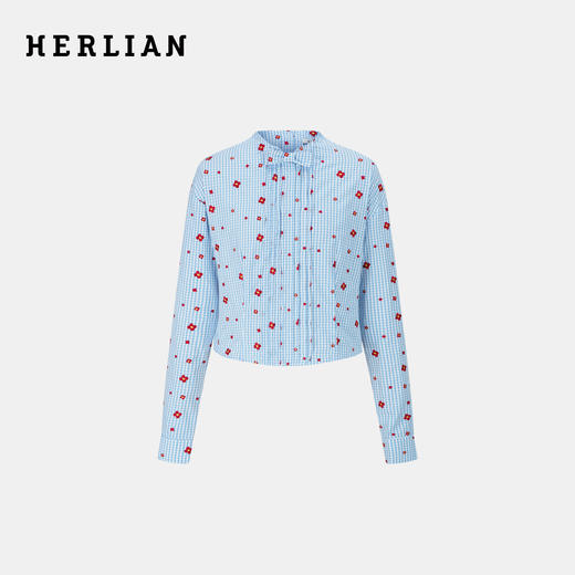 HERLIAN2025年秋季新品女士可拆卸蝴蝶结设计花朵刺绣格纹衬衫 商品图0