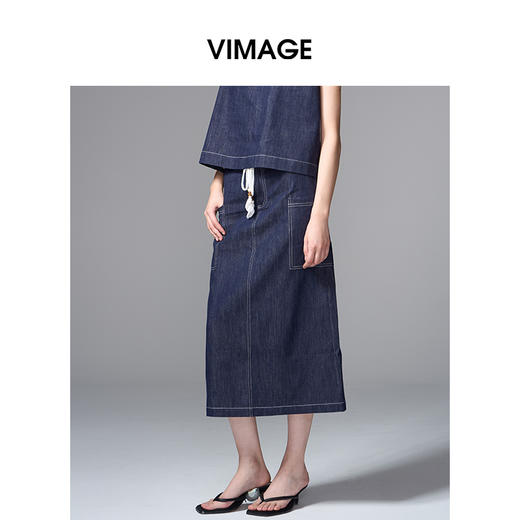 VIMAGE纬漫纪复古高腰可拆腰绳侧面大口袋设计牛仔半裙V2406102 商品图2