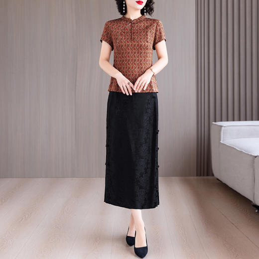 复古盘扣立领上衣女短袖夏季薄款中年妈妈碎花套装 商品图0