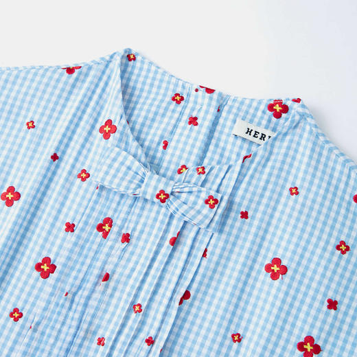 HERLIAN2025年秋季新品女士可拆卸蝴蝶结设计花朵刺绣格纹衬衫 商品图2