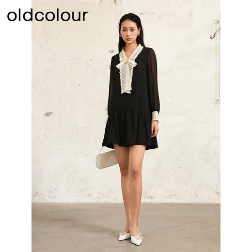 oldcolour夏季新款黑色高级设计感拼接宽松长袖连衣裙女P321008A1 商品图3