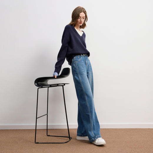 【磨毛】三彩2025冬季新款收腰直筒裤休闲牛仔长裤百搭宽松复古M 商品图3