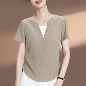 「自j」全新升级【铂金会员109/天猫149/差价40】(02156)洛诗琳假两件烫钻V领T恤2025夏季收腰遮肚正肩显瘦短袖上衣