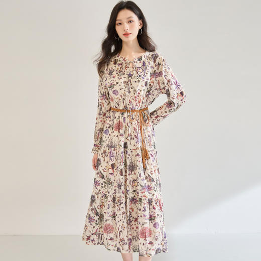 「高货sh」全新升级【铂金会员330/天猫449/差价119】(42211)洛诗琳气质浪漫印花裙2025秋季新款高腰显瘦碎花连衣裙女 商品图2