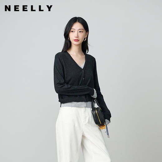NEELLY纳俪商场同款秋季新款休闲假两件长袖针织衫女显瘦百搭上衣N25084A05512 商品图0