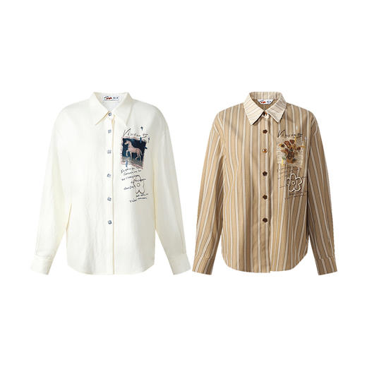 两三事梵高文艺 白驹斜阳 2025秋季新款复古印花刺绣长袖衬衫女 商品图4