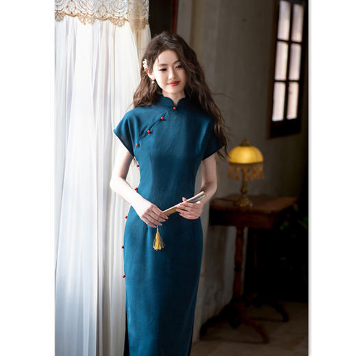 396092时尚改良新中式长款仿麻单层旗袍2025夏季新款日常可穿旗袍 商品图2