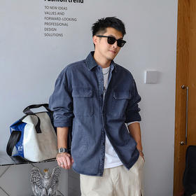 徐太浪纯棉拼接口袋长袖衬衫男2025新款春秋纯色休闲通勤衬衣外套
