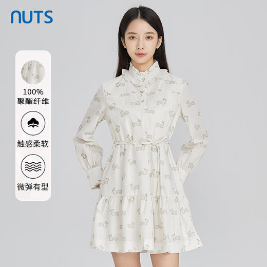NUTS商场同款春秋季白色木耳领气质收腰长袖连衣裙女315103179B 商品图0