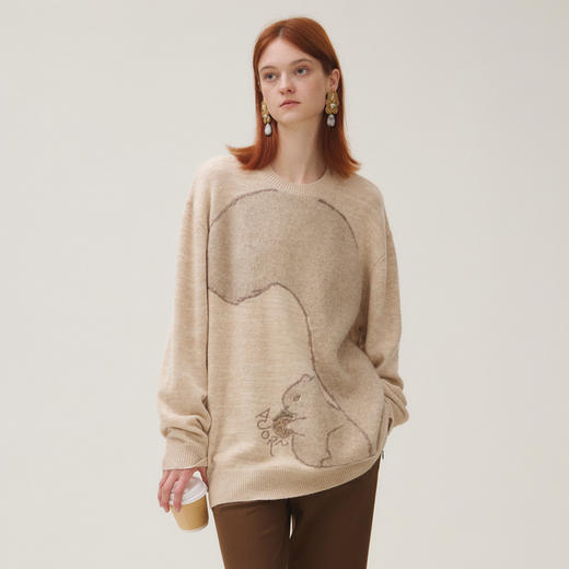 谜底圆领套头针织衫女2025秋季新品原创松鼠纹提花毛衣253MZ1327 商品图0