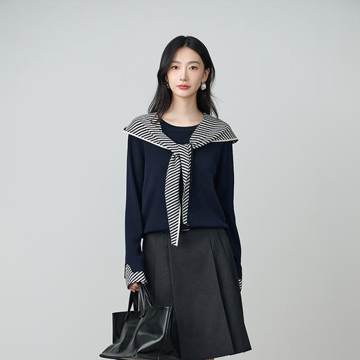 NEELLY纳俪商场同款秋季新款假两件披肩撞色针织衫女质感个性上衣N25084A05511 商品图3