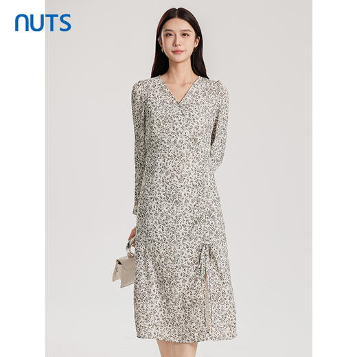 NUTS商场同款春秋款时尚气质百搭通勤V领长袖连衣裙女4341007A1 商品图0