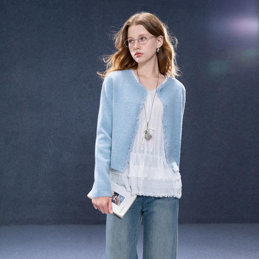 三彩2025秋季新款钩花圆领长袖开衫针织衫毛衫休闲上衣简约M 商品图1