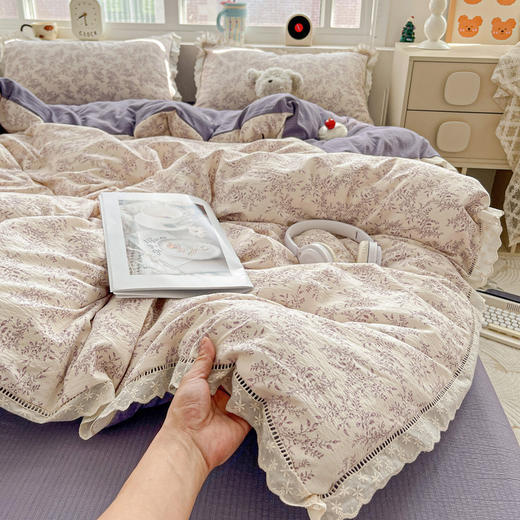 【YW】无忧购【甄选】云感木棉皱皱纱双层纱蕾丝花边四件套碎花可机洗（截单3-5天发货) 商品图8
