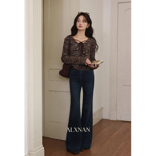 鹿向南「塞纳格韵」咖色条纹系带针织衫长袖宽松肌理感上衣女初秋 商品图1