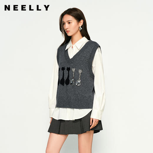 NEELLY纳俪商场同款秋季新款V领显瘦针织马甲背心女复古百搭毛衣N25084A04406 商品图0